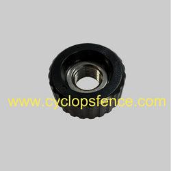 black fence terminal knob for a cyclops electric fence charger on grey background