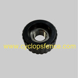 black fence terminal knob for a cyclops electric fence charger on grey background