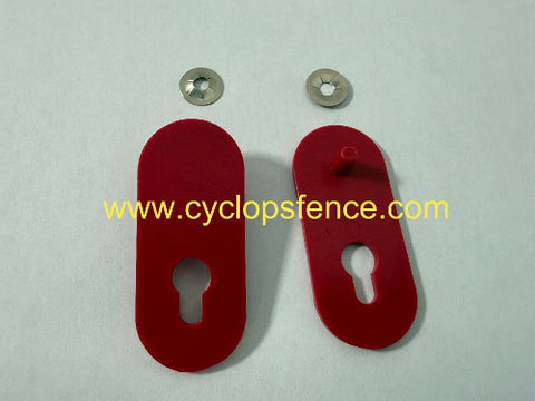 Red hanger tabs for cyclops electric fence chargers with metal hardware