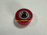 Red plastic cyclops fence charger knob with metal thread on a white background, featuring www.cyclopsfence.com.