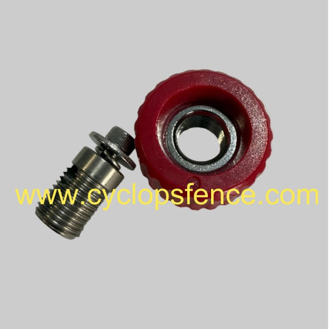 Red Cyclops terminal bolt and knob with metal bearing and threaded rod on a gray background, featuring Cyclops Fence website.