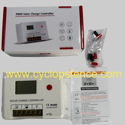 Cyclops Solar charge controller packaging with accessories on a white background