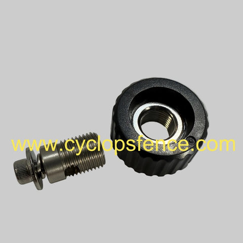 Two metal cyclops fence charger terminal components gear and screw with 'www.cycllopsfence.com' text on a gray background 