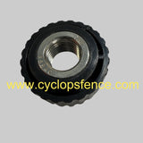 Black Cyclops fence charger metal knob with threaded center on a gray background, featuring Cyclops Fence website.
