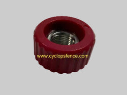 Cyclops fence charger Red knob with threaded center on a gray background, featuring the website 'www.cyclopsfence.com'.