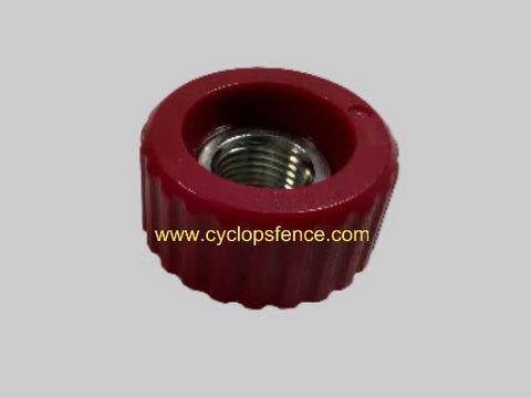Cyclops fence charger Red knob with threaded center on a gray background, featuring the website 'www.cyclopsfence.com'.