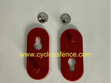 Two red plastic components with screws on a gray background, featuring Cyclops Fence website.